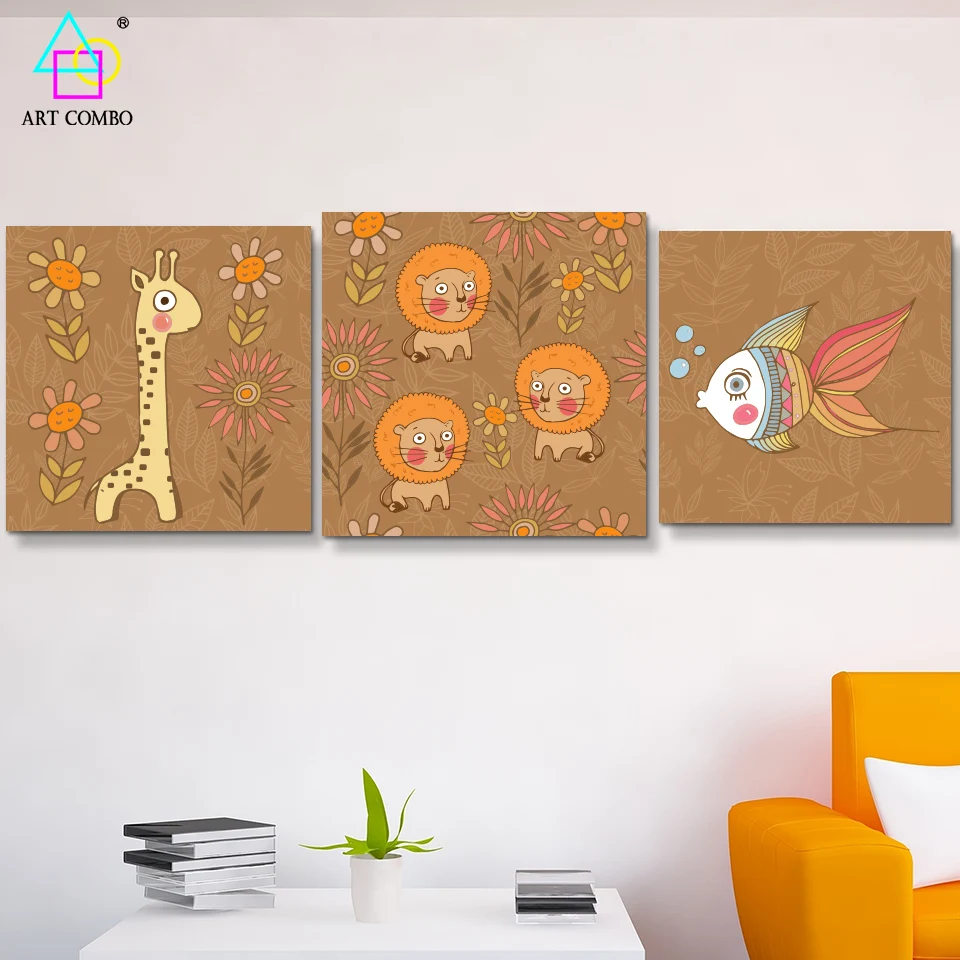 Kartun Lucu Giraffe Singa Hewan Lukisan Pada Kanvas Ikan Gambar