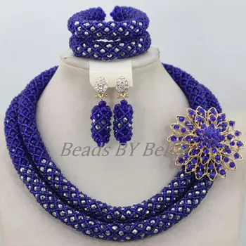 

Fantastic Women Costume Necklace Set Blue Silver Crystal Beads Nigerian Wedding African Bridal Jewelry Sets Free Shipping ABF806