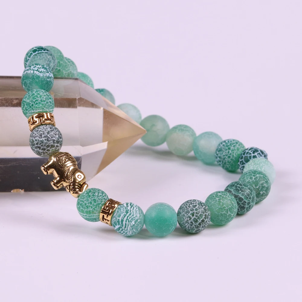 Gold Elephant Charm Bracelet Natural Stone Green Weathered Granite Stone Beads Bracelet ...