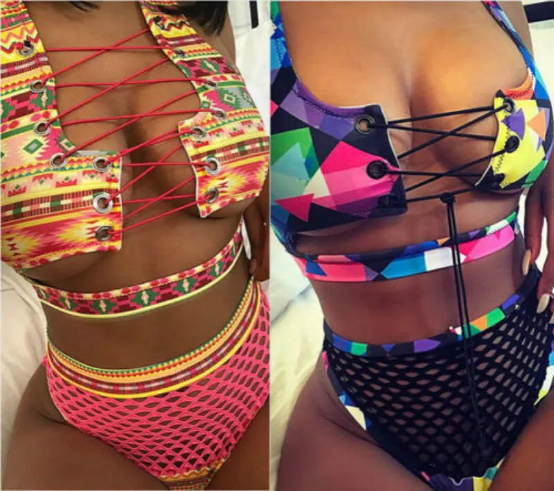 

Sexy Women's Print Bandage High Waist Triangle Bikini Set Push Up Bra Mesh Swimsuit Bathing Suit Swimwear Beachwear Monokini New