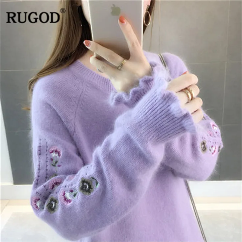 RUGOD цветочные повседневные женские свитера с круглым вырезом, одноцветные винтажные женские пуловеры, вязаная осенне-зимняя одежда, pull femme hiver