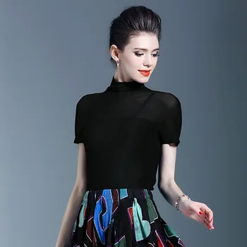 

Folded blouse women 2019 new high-end super elastic tight T-shirt women slim bottoming shirt thin