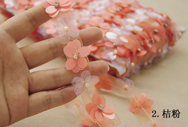 10 Yards Peach Pink Sequins Beaded Trim By The Yard, 3d Flowers