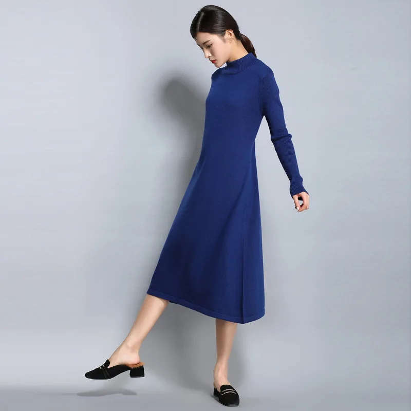 

New Autumn-Winter Women's Knitted Dress Fashionable elegant sexy full-length dress with long sleeves and half-high collar
