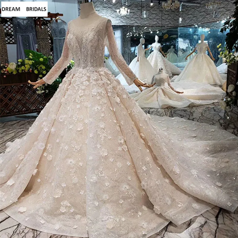 Бальное платье высокого качества, роскошное, Vestido De Noiva,, длинные рукава, тяжелое, бисероплетение, расшитое блестками, цветы, свадебные платья на заказ