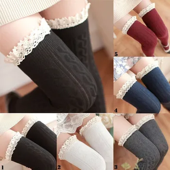

Women Lady Winter Autumn Warm White Lace Floral Knitted Pattern Stocking Over The Knee Thigh High Soft Stockings New Fashion