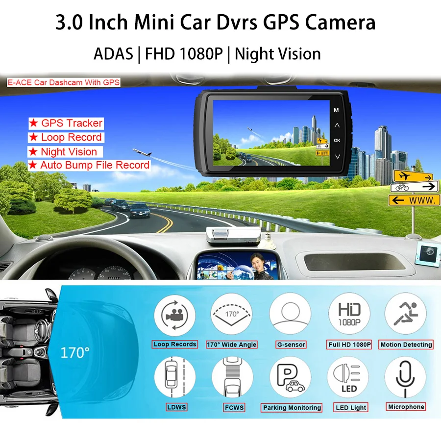 E ACE Автомобильный видеорегистратор GPS трекер камера Full HD 1080P Мини ночного видения