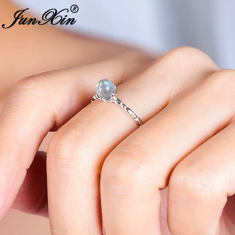 JUNXIN Mystic Moonstone Rings For Women 925 Sterling Silver Round Crystal Open Thin Wedding Ring Female Adjustable Ring Jewelry