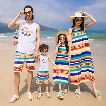 

Girls Rainbow Dress Summer Family Matching Clothes Women Girl Baby Clothes Elegant Mama Mother and Me Clothing Mom Son Outfits