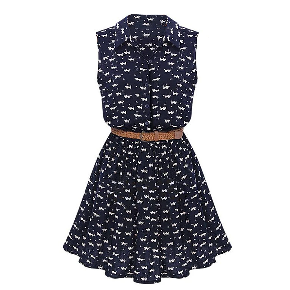 

NEW Stylish Fashion Summer Women Casual Sleeveless A-Line Dress Sexy Ladies Club Evening Party Blue Dresses Cat Printing