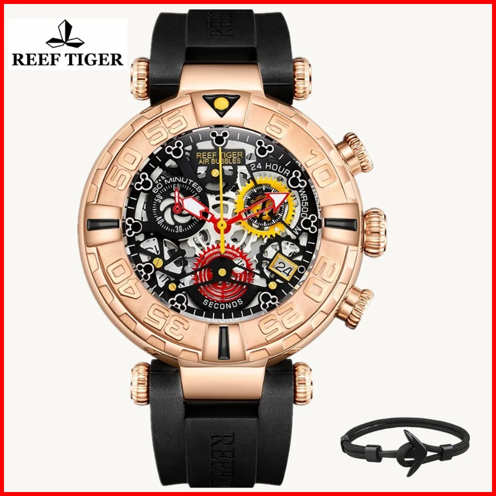 

Reef Tiger/RT Top Brand Mens Sport Watches Chronograph Rose Gold Skeleton Watches 100M Waterproof reloj hombre masculino RGA3059