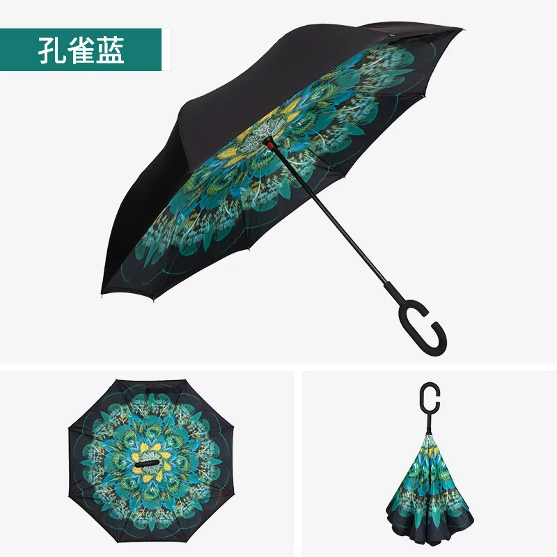 Складной обратный зонтик, двойной слой, перевернутый, ветрозащитный, дождь, автомобильный зонтик для женщин, обратный зонтик, прозрачный зонтик - Цвет: Peacock blue