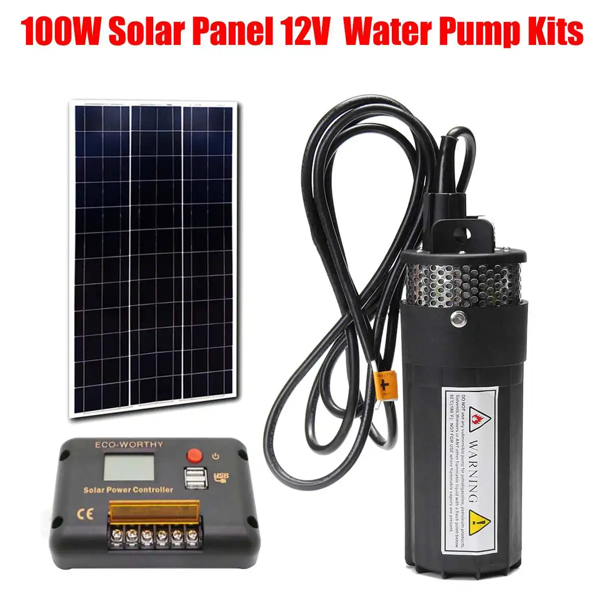

100W Solar Panel + DC 12V Submersible Water Pump + 15A Solar Power Controller Submersible Pump System
