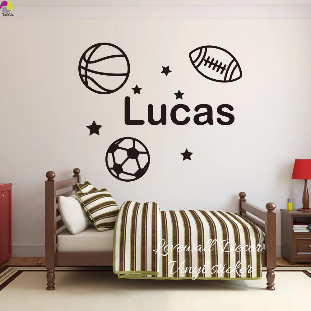 

Cartoon Custom Name Basketball Football Soccer Wall Sticker Baby Nursery Kids Room Personalized Name Sport Star Ball Decal