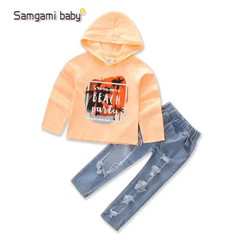 

SAMGMAI BABY Girls Clothing Sets Autumn Fashion Orange Long Sleeve Hooded T-Shirts Tops+jeans 2pcs Suit Child Kids clothes Sets