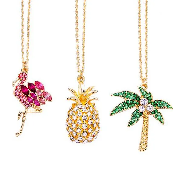 

free shipping 6 pcs /lot Chic gold metal full rhinestone Flamingo Pineapple Akee palm tree Crystal Pendant Necklace