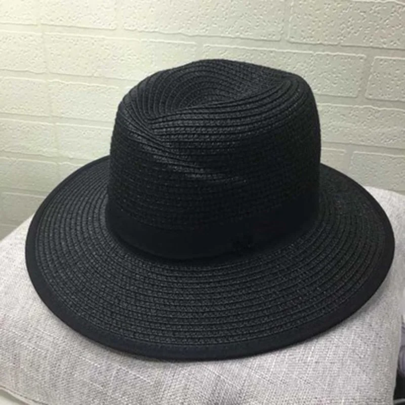 Высококачественная пляжная шапка для родителей и ребенка, Женская Повседневная Панама, шляпа для женщин, Брендовая женская плоская бант края Соломенная шляпка для девочек, соломенная шляпа - Цвет: Черный