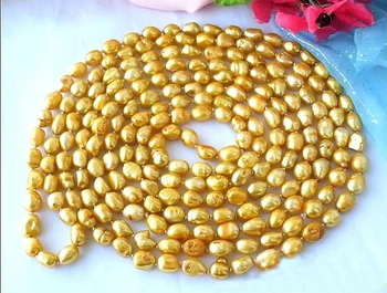 

New Arriver Real Pearl Jewellery,100inches Long AA 8-11mm Gold Baroque Freshwater Pearls Necklace,Free Shipping.