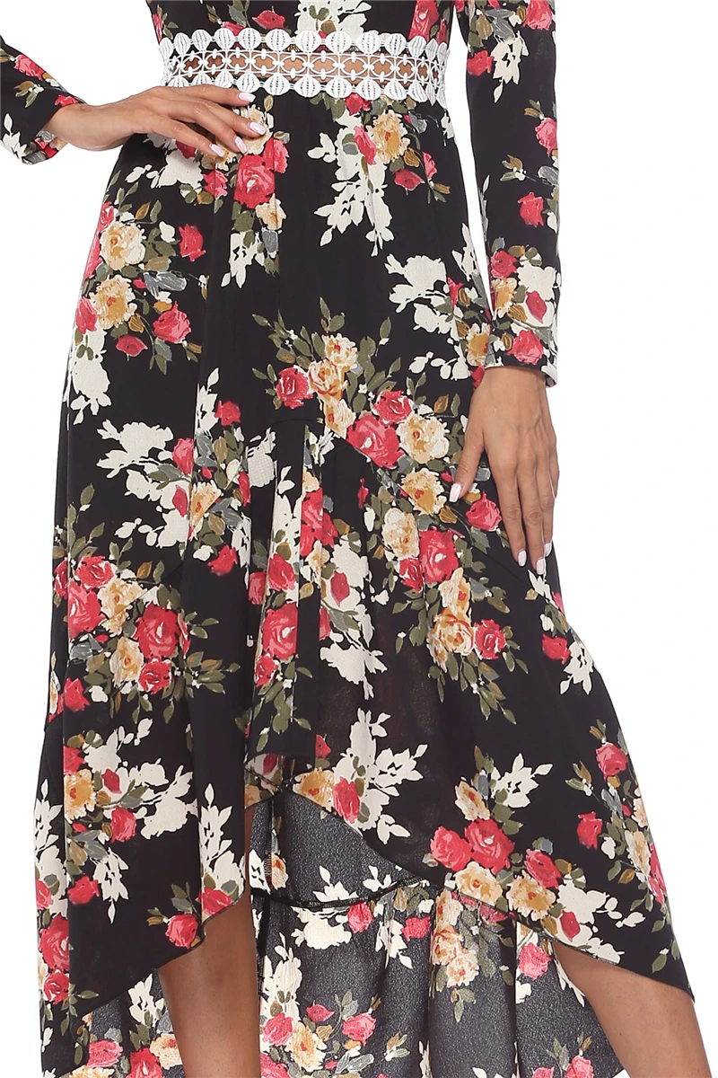 Floral Print Long Women Dress V-Neck Long Full Sleeve Spring Dress Sexy Hollow Out Waist Personality Western Style Gilr Clothes-XQ-05