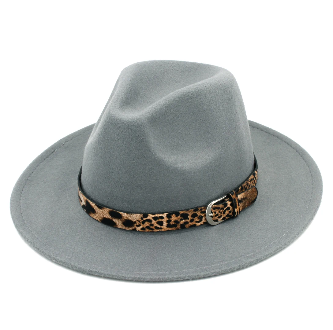 LUCKYLIANJI Leopard Кожаный ремешок сплошной цвет для мужчин женщин шерсть фетр Панама шляпа шляпка с узкими полями(один размер: 57cm-US 7 1/8 - Цвет: Серый