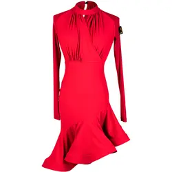 Красный с длинным рукавом латинские танцы платье женщины Латинской сальсы платье костюм для самбы бахрома платье женское платье в стиле