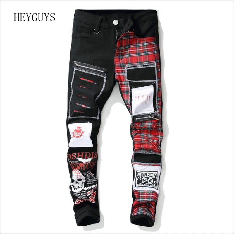 NAGRI 2020 New Men's skull printed Scottish plaid patchwork jeans Trendy patches design black ripped distressed denim long pants NAGRI 2020 New Men's skull printed Scottish plaid patchwork jeans Trendy patches design black ripped distressed denim long pants