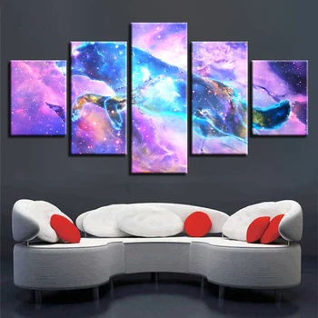 

Canvas Printed Poster Modular Wall Art Framework 5 Pieces Galaxy Wolf Painting Purple Nebula Abstract Pictures Living Room Decor