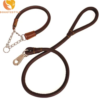 

PU Leather Medium Large Dog Traction Ropes P Chain Collar Adjustable Slip Necklace Soft Leads Handle Dog Training Leash Suit