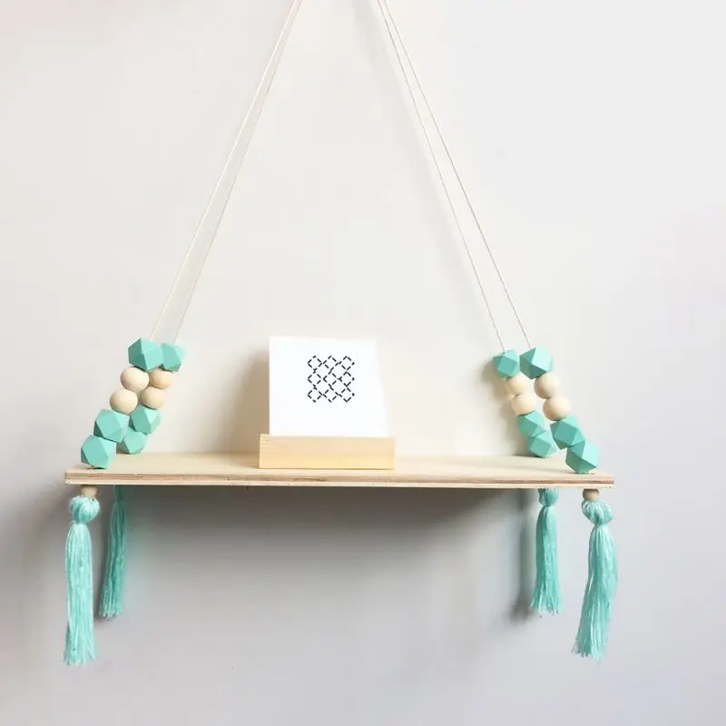 Nordic Pure Color Wooden Bead Rack Tassel Wall Shelf Room Storage