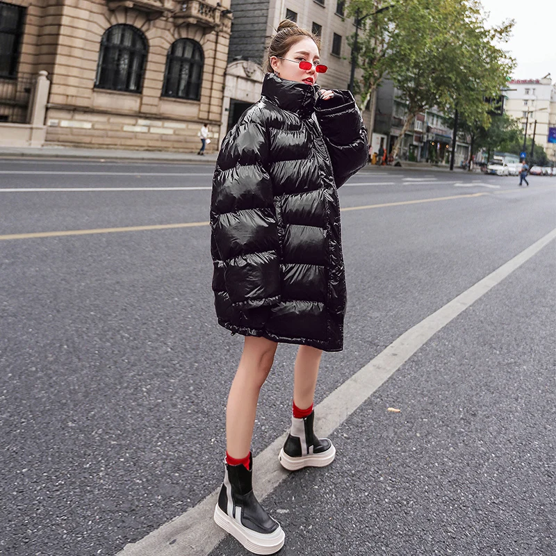 Плюс Размер Свободный пуховик женская одежда зимнее пальто толстая теплая хлопковая парка Корейская яркая металлическая красная верхняя одежда Okd646 - Цвет: black