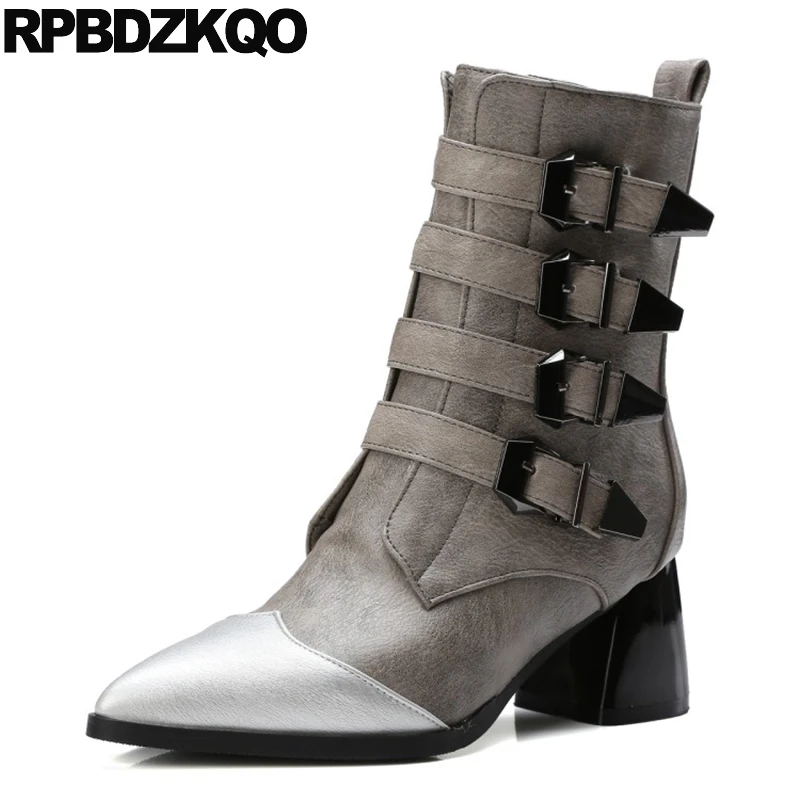 

High Heel Grey Fall Motorcycle Shoes Short Women Boots Winter 2017 Pointed Toe Patchwork Chunky Designer Brand Biker Belts Ankle