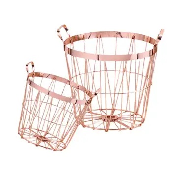 

Nordic Style Rose Gold Storage Basket Wrought Iron Kitchen Clear Up Laundry Basket With Handle