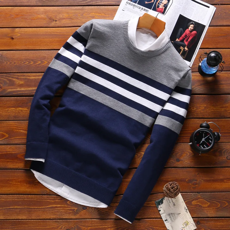 Вязаный мужской свитер в полоску, модный Мужской Повседневный хлопковый осенний мужской свитер с фальш-рубашкой и воротником, сохраняющий тепло, зимний мужской свитер