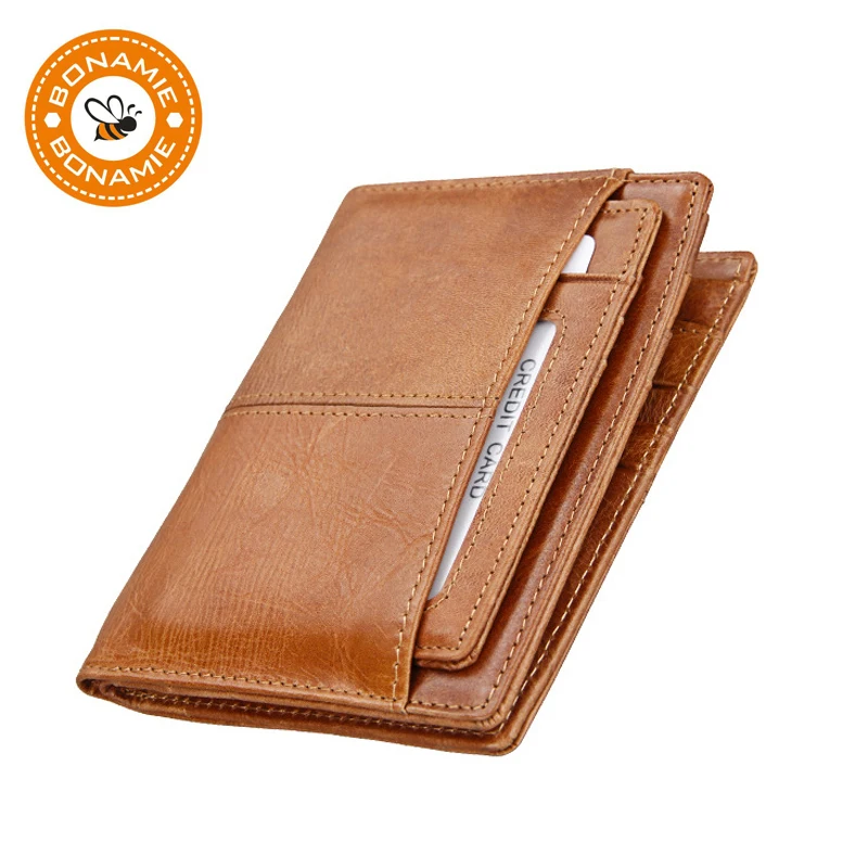 

BONAMIE New Genuine Leather Men Wallet RFID Short Slim Credit Card Holder Male Cowhide Vintage Man Purses With Coin Zipper Brown