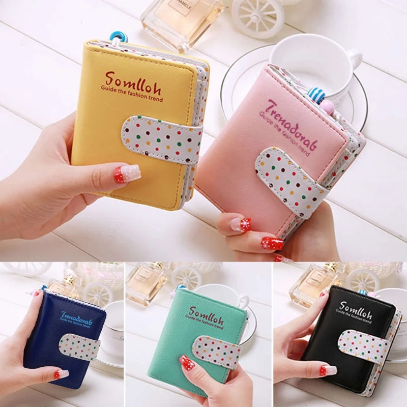 

2018 Fashion Women Mini Short Leather Bifold Wallet Lady Girls Clutch Card Holders Purse Letter Dot Button Buckle Handbag New