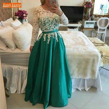 

Long Sleeves Evening Dresses 2020 White Lace Top And Green Satin Evening Gown O Neck Floor Length Formal Special Occasions Dress