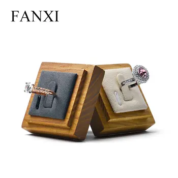 

FANXI 2PC/Sets Original Solid Wood Ring Display Holder Stand with gray or beige Microfiber insert Jewelry Box Packaging