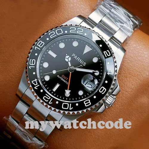 40 ملليمتر Parnis الأسود الهاتفي التلقائي ووتش بتوقيت جرينتش حركة ساعات آلية مع المعادن حزام الرجال هدية