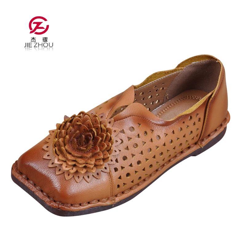 

Summer Genuine Leather Breathable Shoes Woman Loafers Retro Flower Square Toe Flats Cut-Outs Soft Bottom Casual Women Shoes