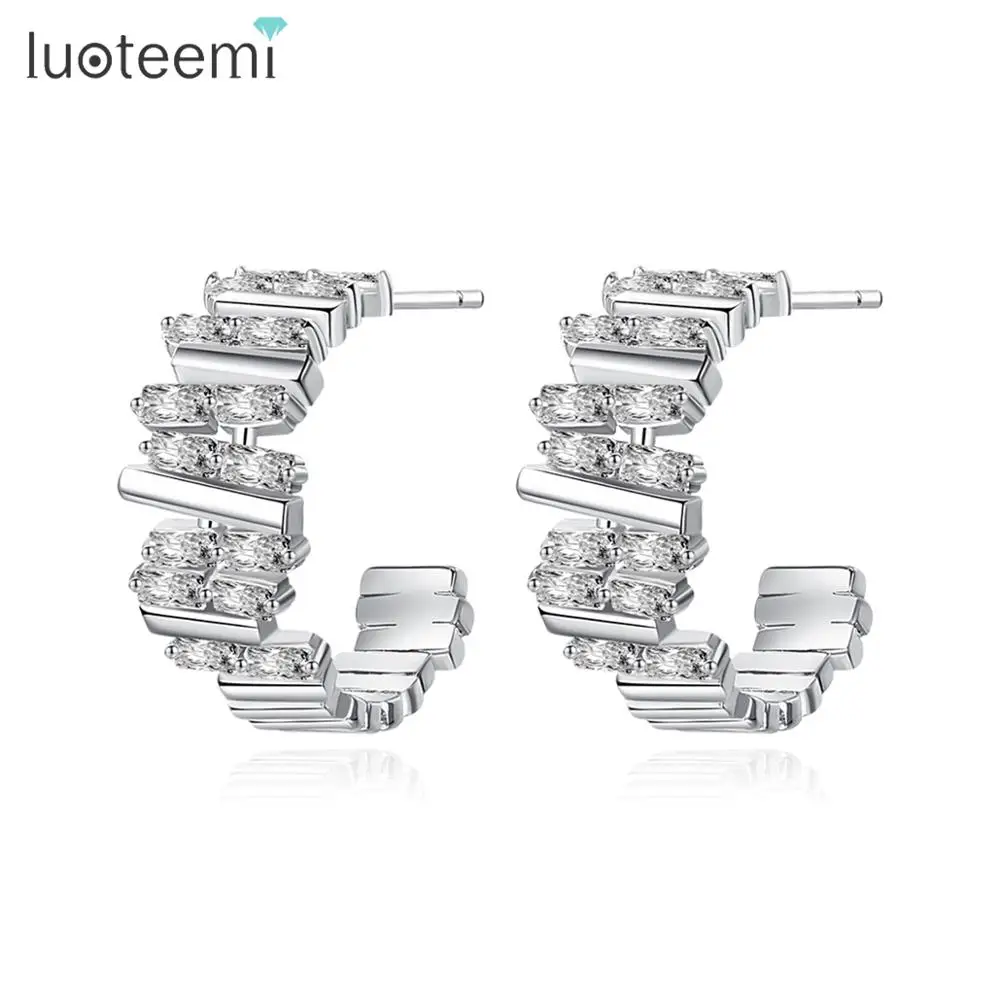 

LUOTEEMI Exquisite Semi-annular Clip Earrings for Women Party Luxury CZ Stone Sample Two Colors Aretes De Mujer Christmas Gift