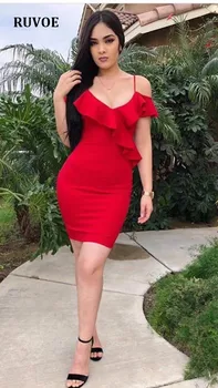 

Summer Dress Sexy Sleeveless Red Dress Women Party Dresses 2018 Chic Ruffles Celebrity Bodycon Bandage Dress Robe Vestido M-15