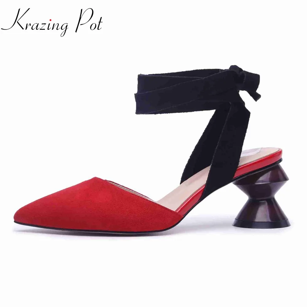 

krazing pot new sheep suede pointed toe women ankle lace up strange heels fairy sweety girl high heels summer dinner sandals L30