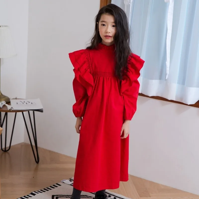 

Autumn Winter 100% Cotton Red Teenage Party Dress For Girls Maxi Long Christmas Dress Mother And Daughter Clothes With Ruffles