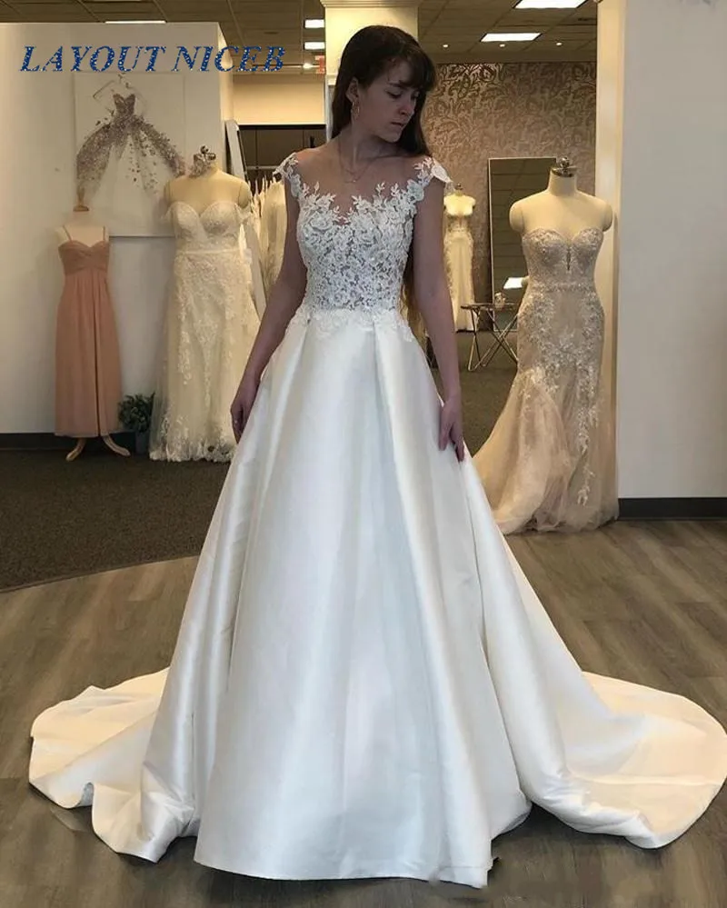 2019 Elegant Satin Beach Wedding Dresses Lace A Line Boho Wedding Dress chapel Train Vestidos De Novia Country Bridal Gowns