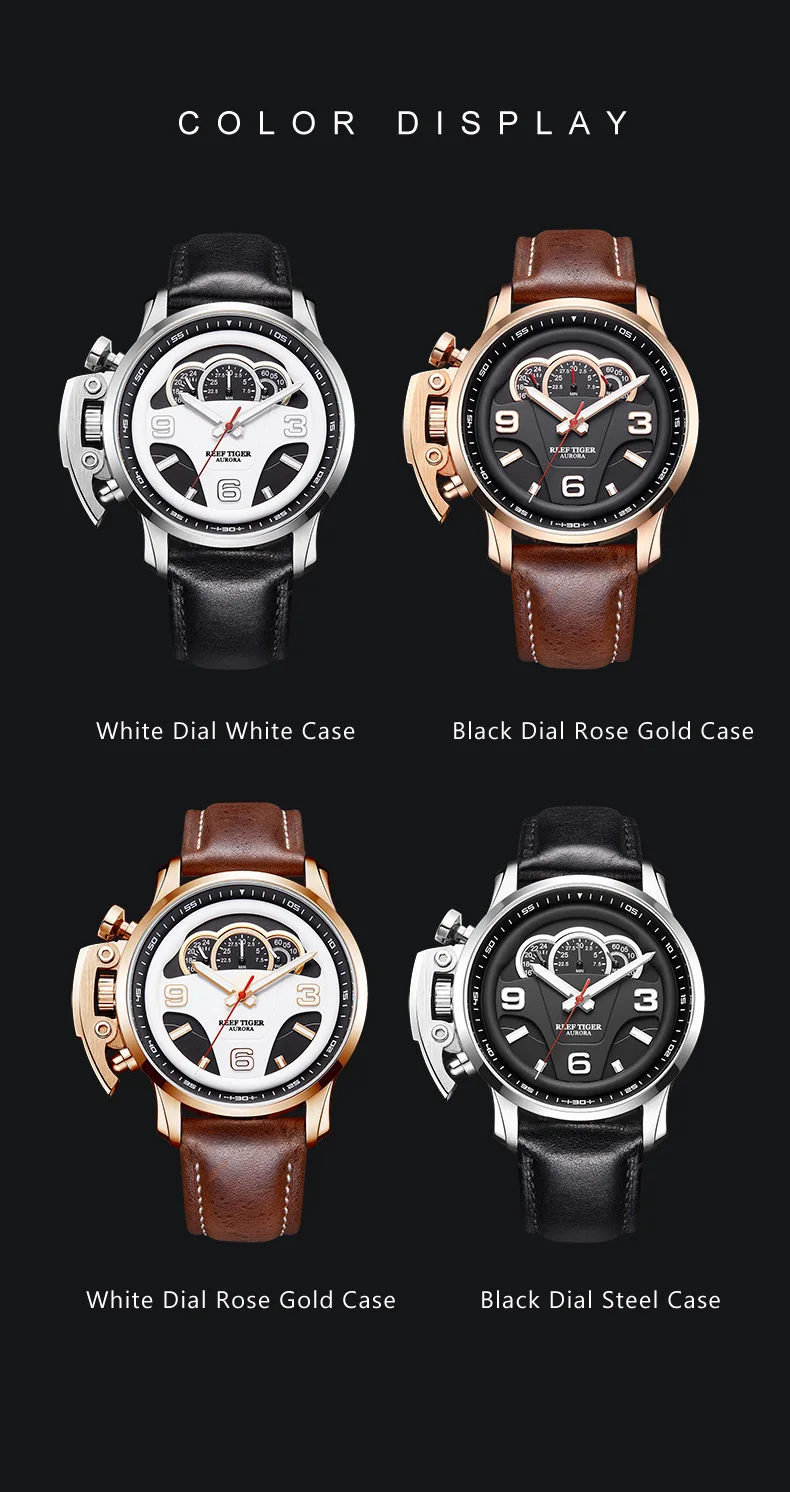 Reef Tiger/RT мужские модные спортивные часы с Циферблатом из натуральной кожи хронограф с ремешком секундомер часы RGA2105