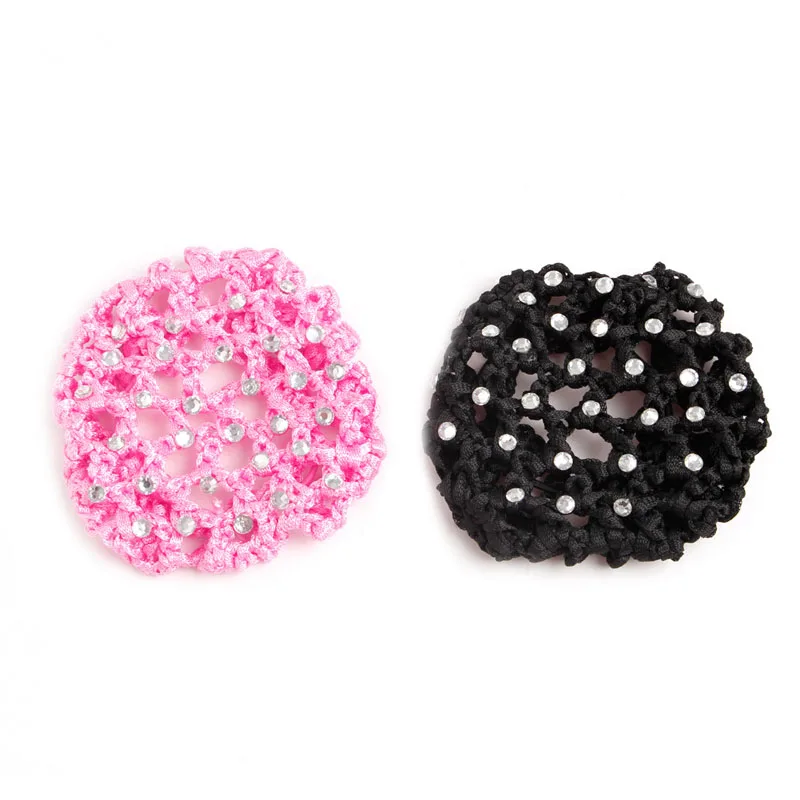 

women Girls Rhinestone Bun Cover Crochet Snood pink Hair Net For Ballet Dance Skating 2 Colors