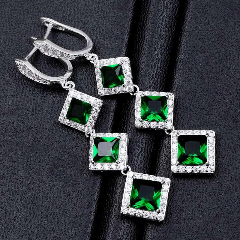 Длинные серьги с зеленым камнем для женщин модного серебристого цвета квадратные висячие серьги с цирконием модные ювелирные изделия L4E154