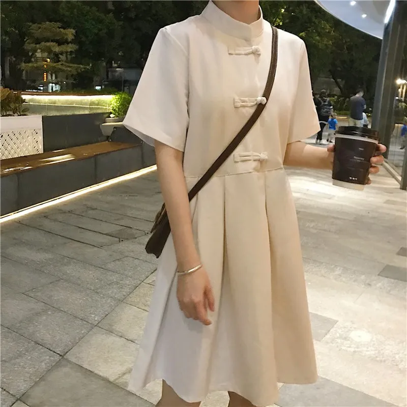 

Women Summer Chinese Style A-Line Dress Ladies Short sleeve Turn Mandarin Collar Elegant Dress New Fashion Women Mini Dress