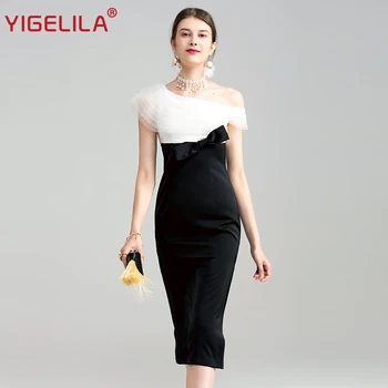 

YIGELILA 2019 Summer Fashion Sleeveless Black White Patchwork Bow Empire Package Hip Bodycon Party Dress For Women 62800