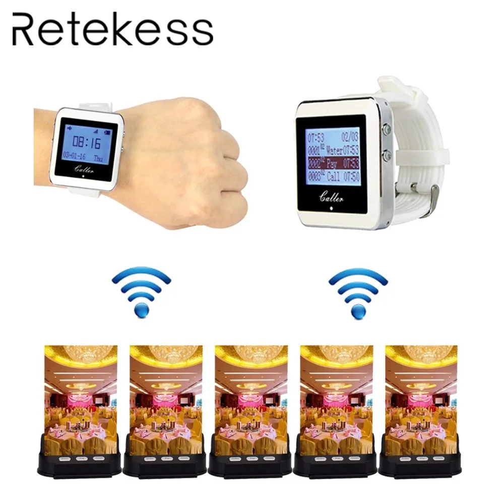 

Wireless Table Card Calling System Call Pager System For Restaurant Cafe Shop 2 Watch Pager Receiver + 5 Waiter Call Button